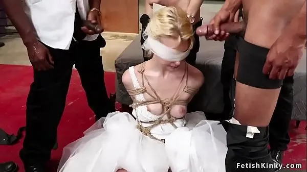 Best Blindfolded blonde bride in rope bondage and wedding dress gets mouth banged then double penetration interracial fucked best Videos